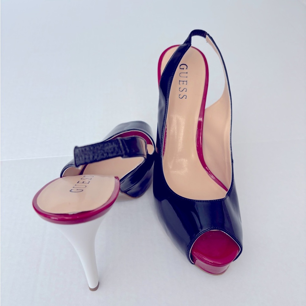 GUESS Black & White Sling-back, Open- Toe Heels w/ Red Accent Trim. Size 8 1/2 M